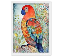 Artery8 Parrot Bird Portrait Folk Art Watercolour Painting Artwork Framed Wall Art Print A4