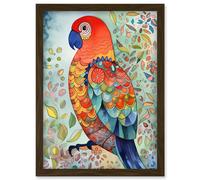 Artery8 Parrot Bird Portrait Folk Art Watercolour Painting Artwork Framed Wall Art Print A4