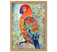 Artery8 Parrot Bird Portrait Folk Art Watercolour Painting Artwork Framed Wall Art Print A4