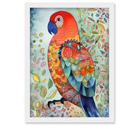 Artery8 Parrot Bird Portrait Folk Art Watercolour Painting Artwork Framed Wall Art Print A4