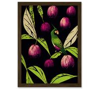 Artery8 Parrot in Tree Fruit Bright Green & Purple Black Colour Linocut Illustration Modern Vintage Artwork Framed Wall Art Print A4 in Brown Artery8 Brown