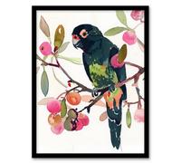 Artery8 Parrot Perched on Fruit Tree Branch Watercolour Framed Wall Art in Green | Size: A4 Artery8 Green A4