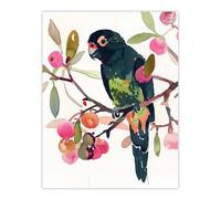 Artery8 Parrot Perched on Fruit Tree Branch Watercolour Wall Art Print in Green | Size: W12" x H16" Artery8 Green W12" x H16"