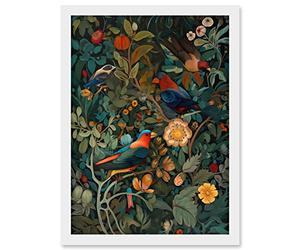 Artery8 Parrots on Exotic Blooming Trees Modern Folk Art Artwork Framed A3 Wall Art Print