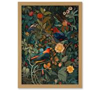 Parrots on Exotic Blooming Trees Modern Folk Art Artwork Framed Wall Art Print A4 Artery8 Light Oak One Size