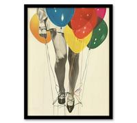 Artery8 Party Over Woman Colourful Balloons Collage Living Room Artwork Framed Wall Art Print A4