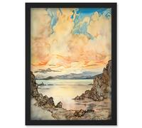 Pastel Colour Atmospheric Cloud Sunrise Over Mono Lake Modern Watercolour Painting Artwork Framed Wall Art Print A4 Artery8 Black One Size