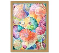 Artery8 Pastel Colour Seashells Folk Art Artwork Framed Wall Art Print A4