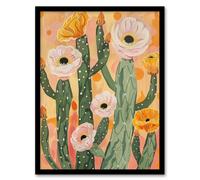 Artery8 Pastel Pink Cactus Flower Blossom Painting Soft Living Room Artwork Framed Wall Art Print A4