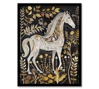 Artery8 Patterned Horse Woodland Forest Rustic Folk Art Living Room Artwork Framed Wall Art Print 18X24 Inch