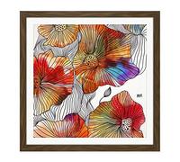 Artery8 Patterned Poppy Flower Colourful Painting Square Wooden Framed Wall Art Print Picture 16X16 Inch
