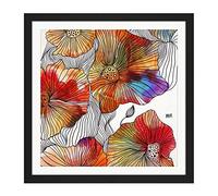 Artery8 Patterned Poppy Flower Colourful Painting Square Wooden Framed Wall Art Print Picture 16X16 Inch