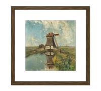 Artery8 Paul Gabriel A Windmill On A Polder Waterway 8X8 Inch Square Wooden Framed Wall Art Print Picture with Mount in Brown Artery8 Brown