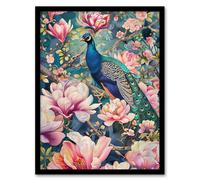 Artery8 Peacock Bird Cherry Blossom Flower Tree Design Living Room Artwork Framed Wall Art Print A4