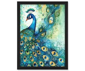 Artery8 Peacock Bird Concept Folk Art Watercolour Painting Artwork Framed A3 Wall Art Print