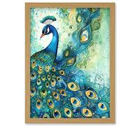 Peacock Bird Concept Folk Art Watercolour Painting Artwork Framed Wall Art Print A4 Artery8 Light Oak One Size