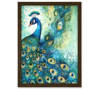 Peacock Bird Concept Folk Art Watercolour Painting Artwork Framed Wall Art Print A4 Artery8 Brown One Size