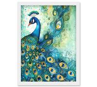 Peacock Bird Concept Folk Art Watercolour Painting Artwork Framed Wall Art Print A4 Artery8 White One Size