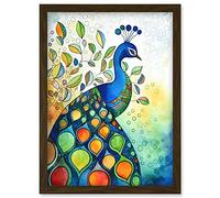 Artery8 Peacock Bird Folk Art Watercolour Painting Artwork Framed Wall Art Print A4