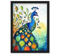 Artery8 Peacock Bird Folk Art Watercolour Painting Artwork Framed Wall Art Print A4