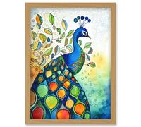 Peacock Bird Folk Art Watercolour Painting Artwork Framed Wall Art Print A4 Artery8 Light Oak One Size