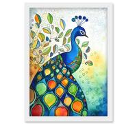 Artery8 Peacock Bird Folk Art Watercolour Painting Artwork Framed Wall Art Print A4