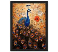Artery8 Peacock Bird Gustav Klimt Style Oil Painting Gold Orange Blue Portrait with Flowers Artwork Framed A3 Wall Art Print