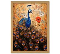 Artery8 Peacock Bird Gustav Klimt Style Oil Painting Gold Orange Blue Portrait with Flowers Artwork Framed A3 Wall Art Print