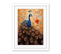Artery8 Peacock Bird Gustav Klimt Style Oil Painting Gold Orange Blue Portrait with Flowers Artwork Framed Wall Art Print 18X24 Inch