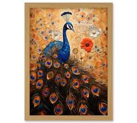 Artery8 Peacock Bird Gustav Klimt Style Oil Painting Gold Orange Blue Portrait with Flowers Artwork Framed Wall Art Print A4