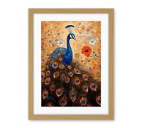 Artery8 Peacock Bird Gustav Klimt Style Oil Painting Gold Orange Blue Portrait with Flowers Artwork Framed Wall Art Print 18X24 Inch