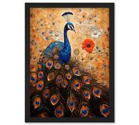 Artery8 Peacock Bird Gustav Klimt Style Oil Painting Gold Orange Blue Portrait with Flowers Artwork Framed Wall Art Print A4