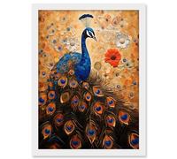 Artery8 Peacock Bird Gustav Klimt Style Oil Painting Gold Orange Blue Portrait with Flowers Artwork Framed A3 Wall Art Print