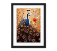 Artery8 Peacock Bird Gustav Klimt Style Oil Painting Gold Orange Blue Portrait with Flowers Artwork Framed Wall Art Print 18X24 Inch