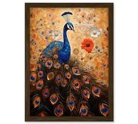 Artery8 Peacock Bird Gustav Klimt Style Oil Painting Gold Orange Blue Portrait with Flowers Artwork Framed Wall Art Print A4