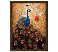 Artery8 Peacock Bird Gustav Klimt Style Oil Painting Gold Orange Blue Portrait with Flowers Artwork Framed A3 Wall Art Print