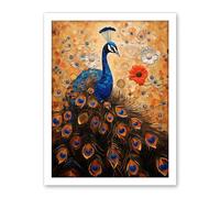 Artery8 Peacock Bird Gustav Klimt Style Oil Painting Gold Orange Blue Portrait with Flowers Artwork Framed Wall Art Print 18X24 Inch