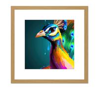 Artery8 Peacock Bird Vibrant Bright Modern Contemporary Watercolour Painting Multicoloured Square Wooden Framed Wall Art Print Picture 8X8 Inch Artery8 Light Oak
