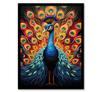 Peacock Bird With Bright Vivid Feathers Yellow Red Blue Bold Portrait Artwork Art Print Framed Poster Wall Decor Artery8 Black A4
