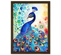 Artery8 Peacock Bird With Mandala Patterns Folk Art Watercolour Painting Artwork Framed A3 Wall Art Print