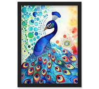 Artery8 Peacock Bird With Mandala Patterns Folk Art Watercolour Painting Artwork Framed Wall Art Print A4