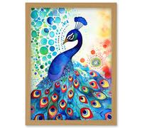 Peacock Bird With Mandala Patterns Folk Art Watercolour Painting Artwork Framed Wall Art Print A4 Artery8 Light Oak One Size