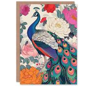 Artery8 Peacock Bird with Peony Flower Pattern Design Greeting Card Birthday in Pink Artery8 Pink