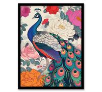 Artery8 Peacock Bird With Peony Flower Pattern Design Wall Art Print - A4 Size