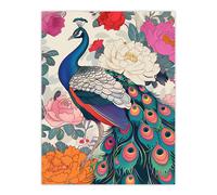 Artery8 Peacock Bird with Peony Flower Pattern Design Wall Art Print in Pink | Size: W24" x H32" Artery8 Pink W24" x H32"