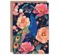 Artery8 Peacock Bird with Pink Flower Pattern Design Greeting Birthday Card Him Her All Blank