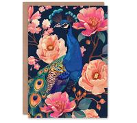 Artery8 Peacock Bird with Pink Flower Pattern Design Greeting Birthday Card Him Her All Blank