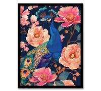 Artery8 Peacock Bird with Pink Flower Pattern Design Living Room Artwork Framed Wall Art Print A4