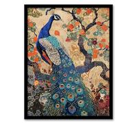 Artery8 Peacock in Tree with Wildflowers Artwork Detailed Living Room Artwork Framed Wall Art Print A4