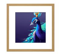 Artery8 Peacock Peafowl Navy Blue Bird Nature Modern Contemporary Watercolour Painting Square Wooden Framed Wall Art Print Picture 8X8 Inch Artery8 Light Oak